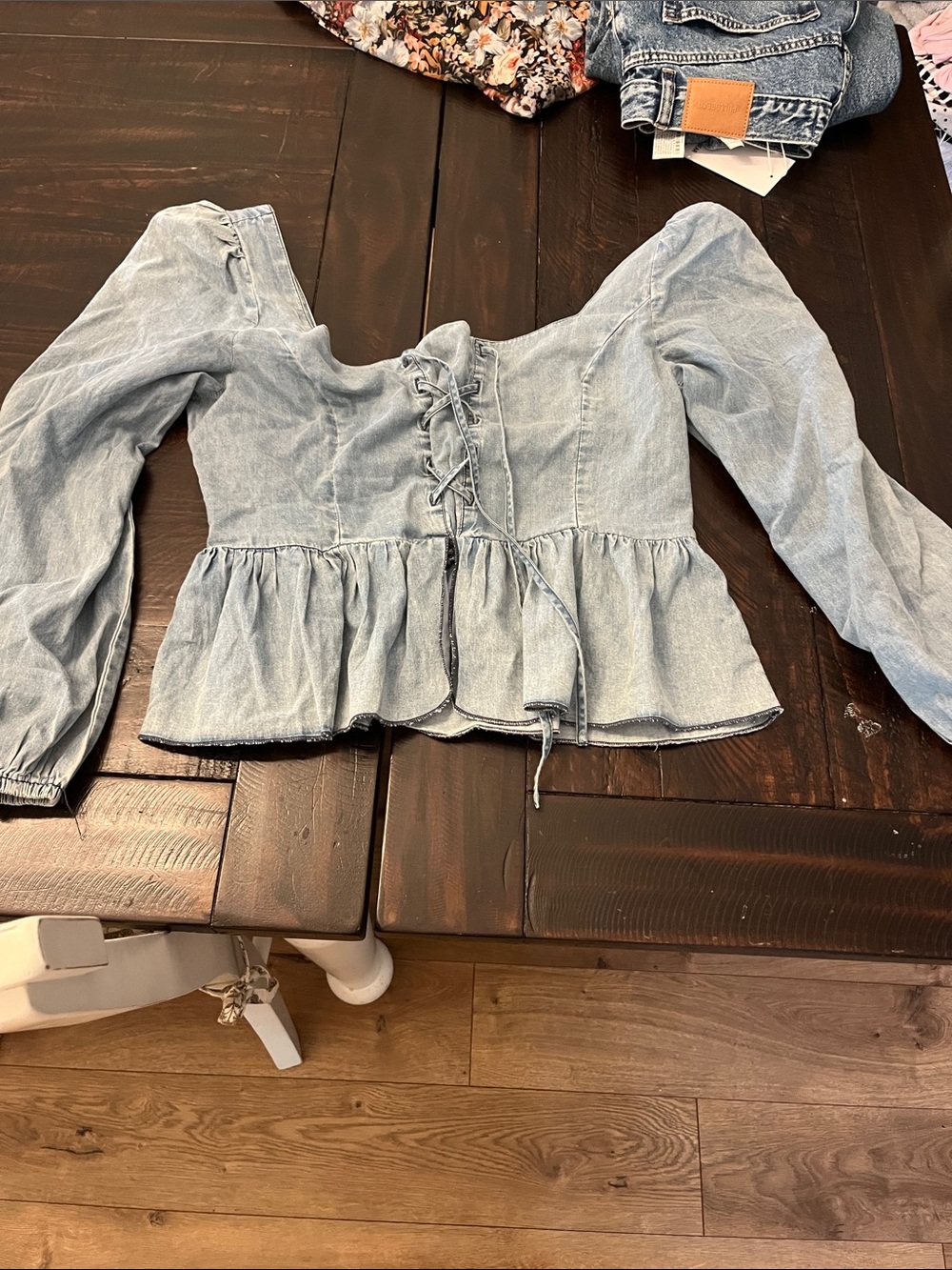 Pink Lily Light Blue Denim Smocked Waist Top